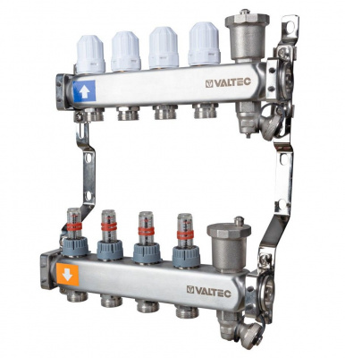 Коллекторная группа VALTEC нерж с регулировочными клапанами и расходомерами 1", 6 выходов x 3/4", "евроконус" VTc.579.EMNX.0606